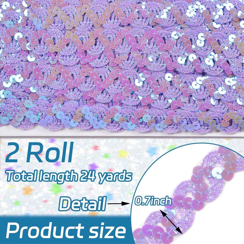 TACOLO Purple Sequin Ribbon Trim 24 Yards, 2 Rolls Flat Sequin Strip Trim Colored Fabric for Wedding Dress, Embellishments, Headband, Fringe - Image 2